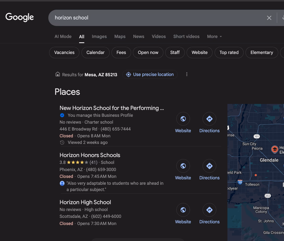 Google search results for Horizon School.